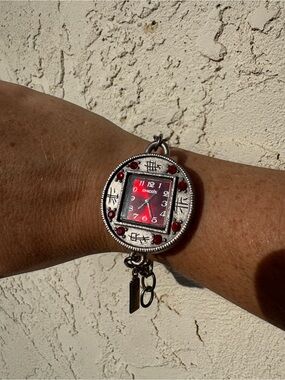 Vintage Silver Bracelet Watch with Red Dial and Red Accents